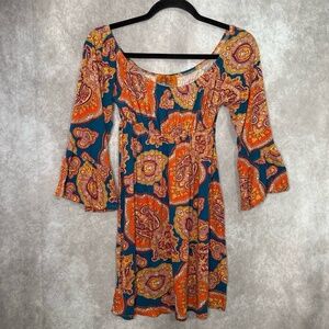 VOOM By Joy Han Mini Dress Womens Medium Orange Paisley Bohemian Bell Sleeve